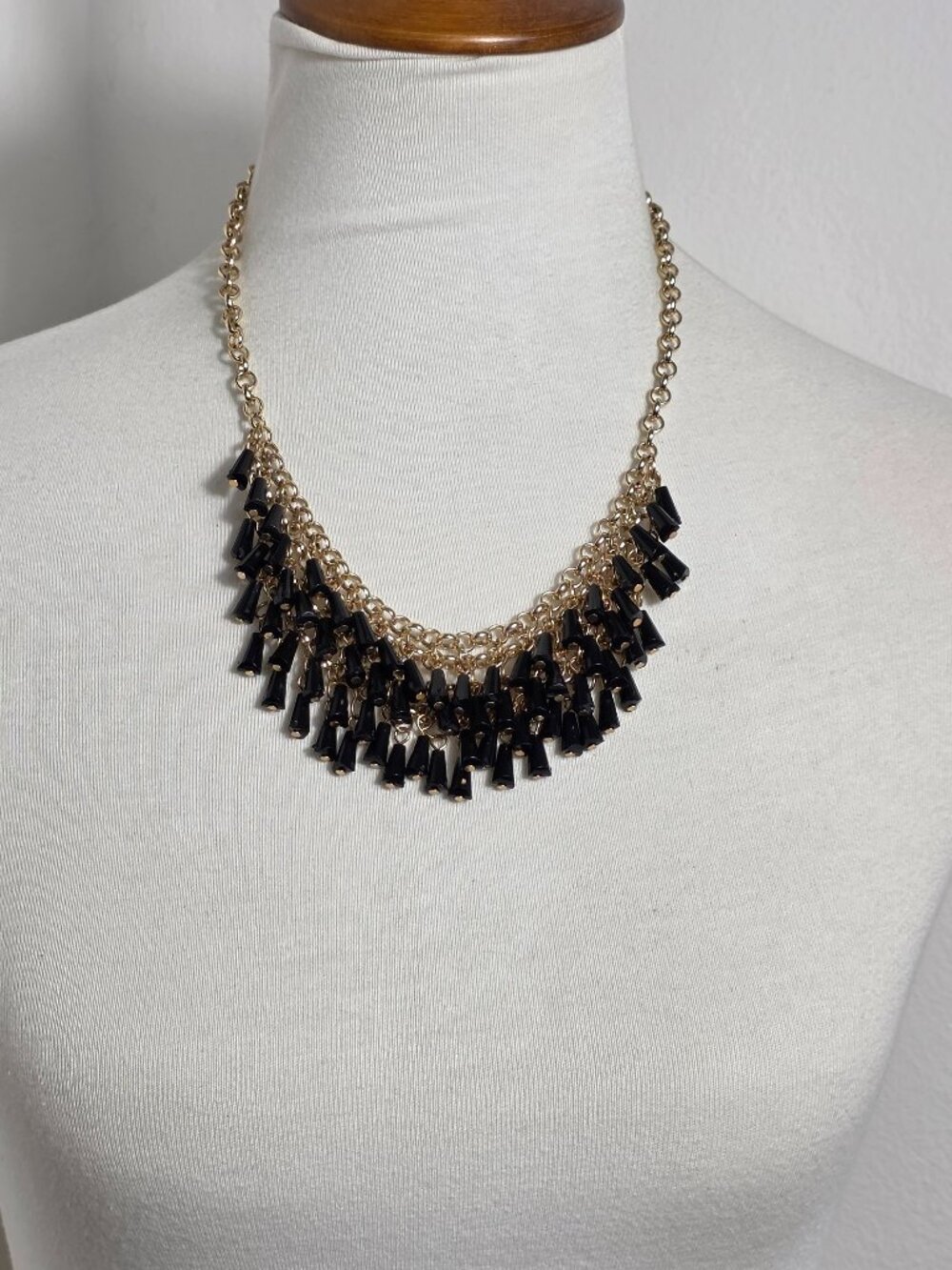 Chunky Bib-Style Statement Necklace Clusters of Black Cone Shaped Black Beads